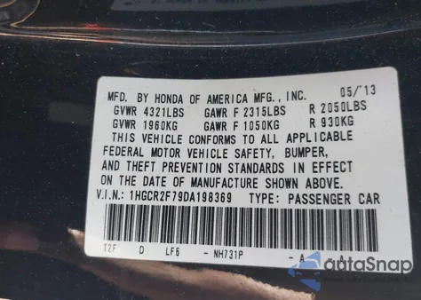 2013 Honda Accord Ex из США, поврежденный, VIN 1HGCR2F79DA198369